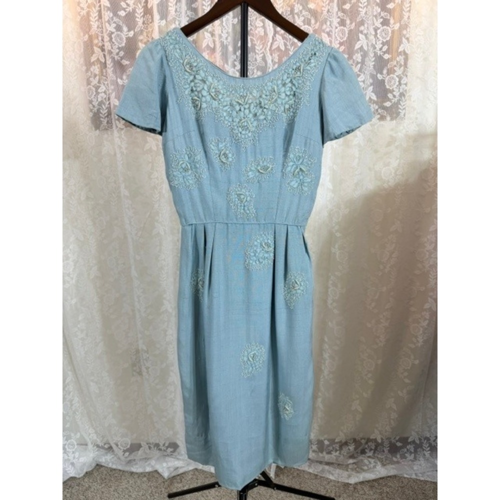 Vintage 50s Light Blue Beaded Lace Sheath Dress Mid Century Cocktail Dress S